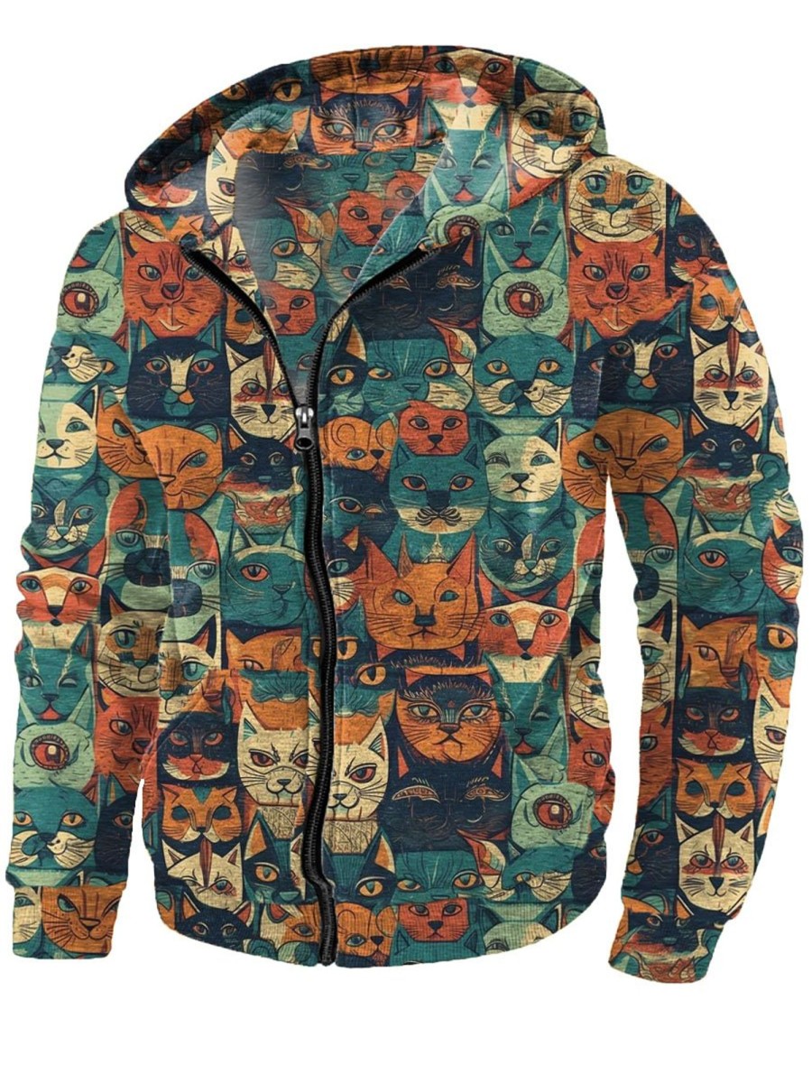 Men DJ T-Shirts | Retro Cartoon Cat Floral Print Pocket Hoodie Sweatshirt Photo Color