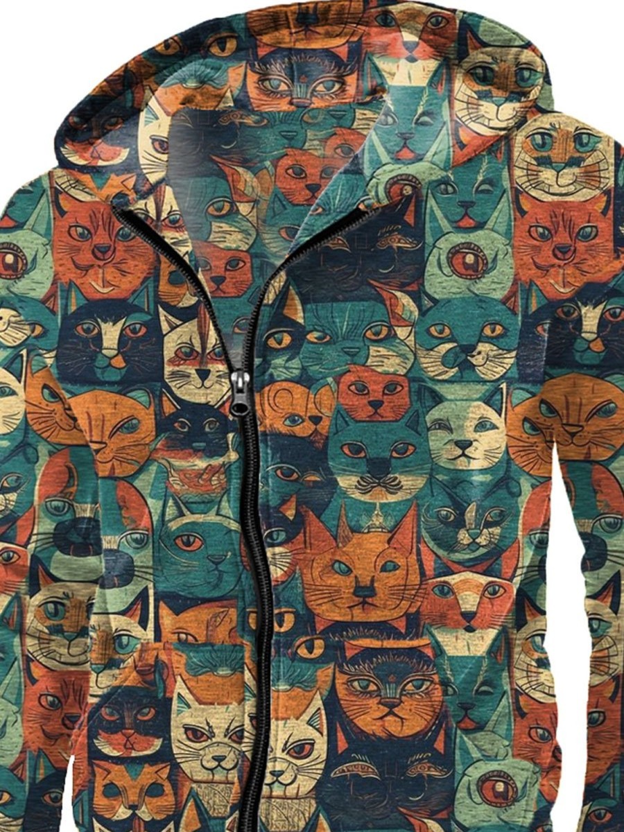 Men DJ T-Shirts | Retro Cartoon Cat Floral Print Pocket Hoodie Sweatshirt Photo Color