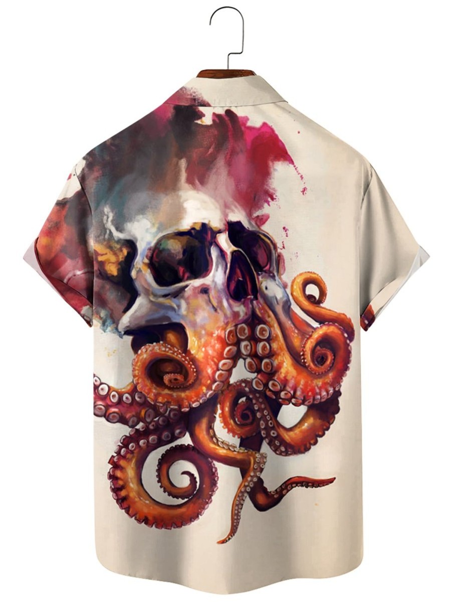 Men HLJ Shirts | Watercolor Skull Octopus Short Sleeve Shirt Off White