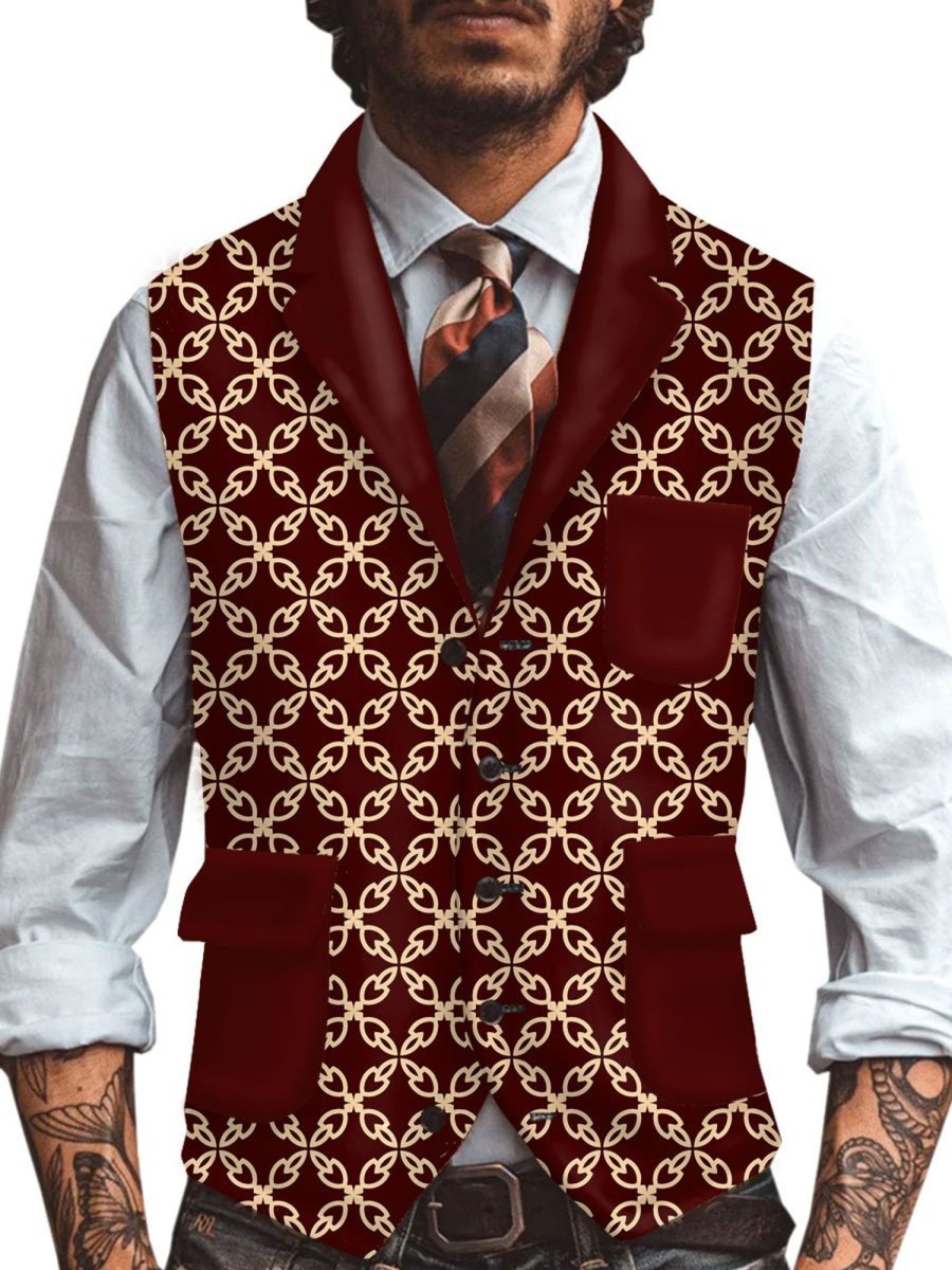 Men BXL Vest | Men'S Retro Woolen Ethnic Print Casual Vest Wine Red