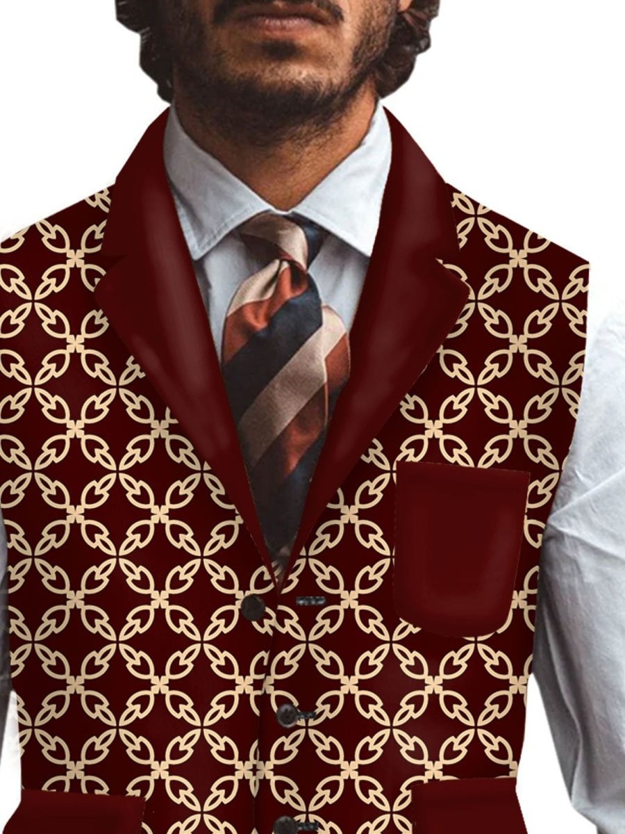 Men BXL Vest | Men'S Retro Woolen Ethnic Print Casual Vest Wine Red