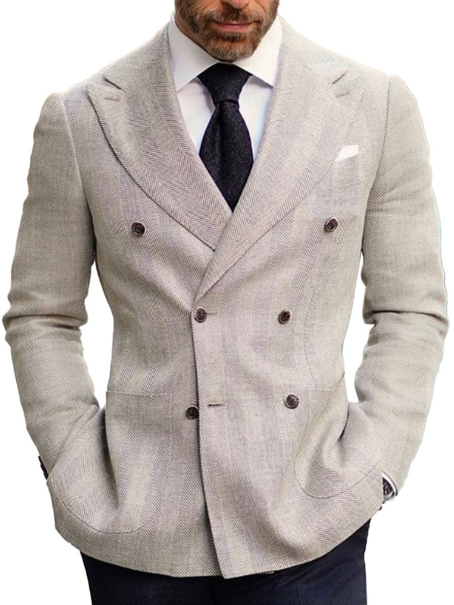 Men BXL Jacket | Men'S Pocket Double Breasted Herringbone Casual Blazer Photo Color