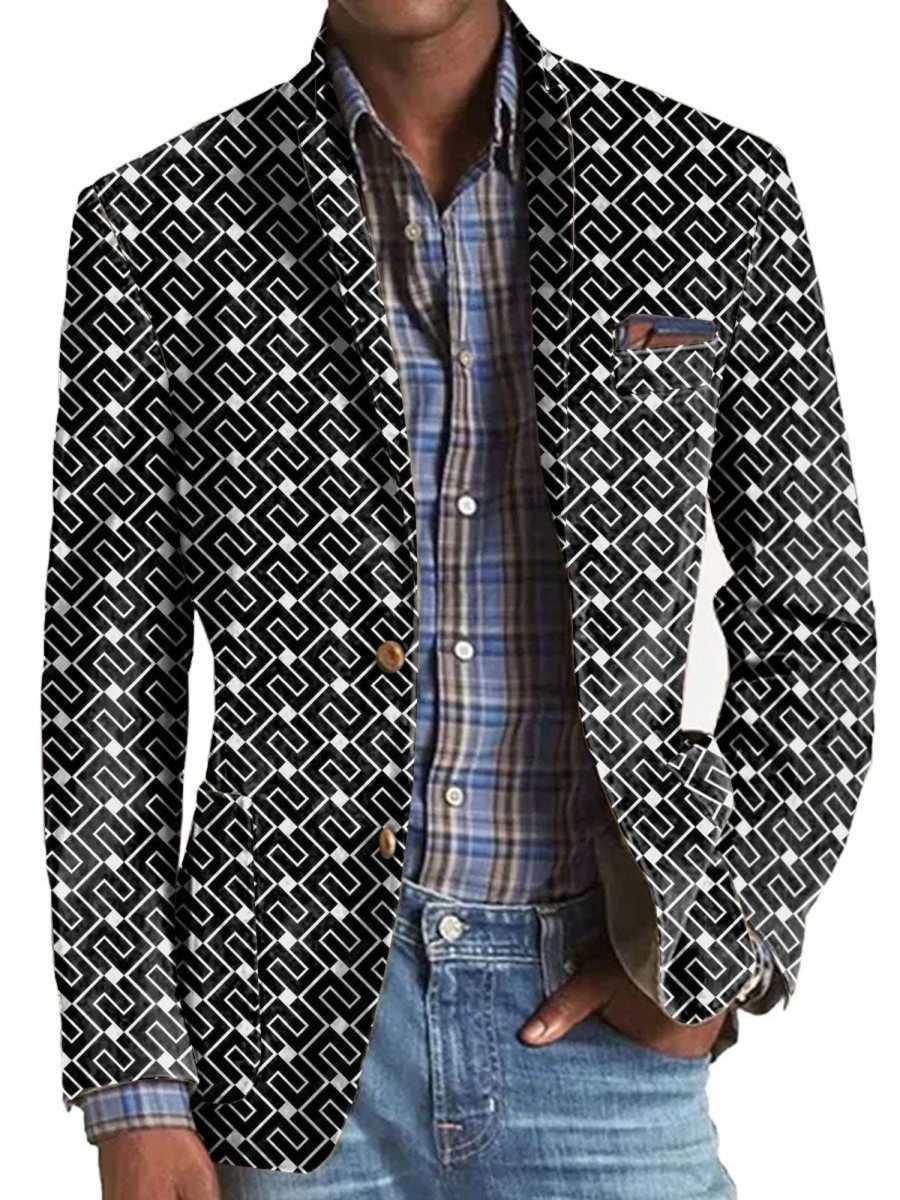 Men BXL Print Jacket | Men'S Contrast Geometric Print Pocket Casual Blazer Black