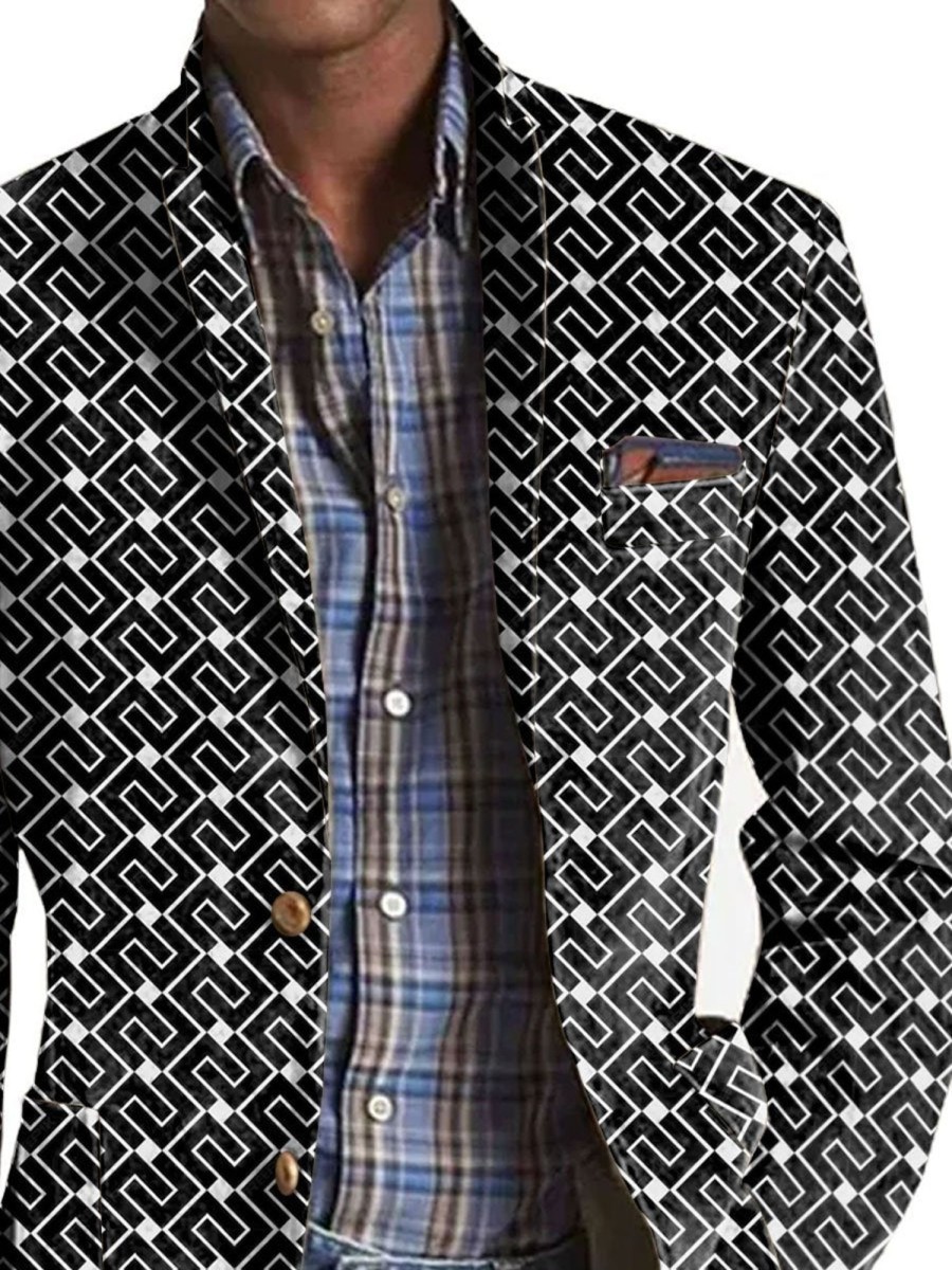 Men BXL Print Jacket | Men'S Contrast Geometric Print Pocket Casual Blazer Black