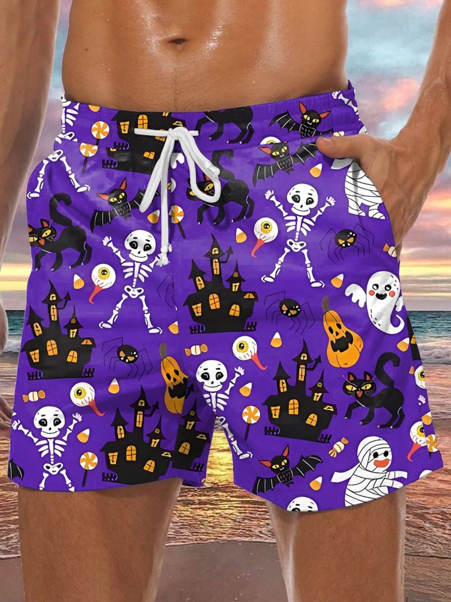 Men LJC Shorts | Skull Mummy Pumpkin Track Shorts Photo Color