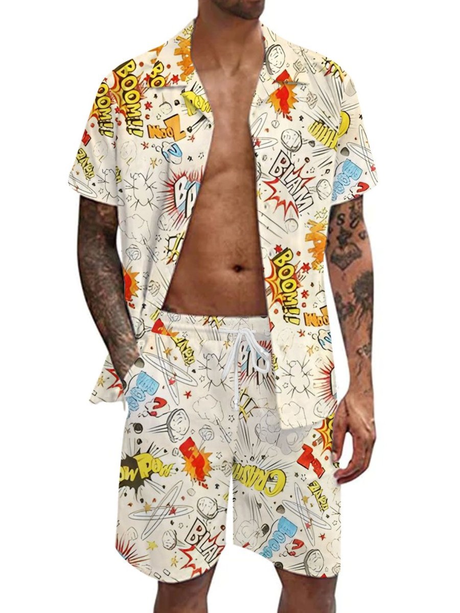 Men GYJ Set | Exploding Cloud Print Short Sleeve Shirt Shorts Two-Piece Set White