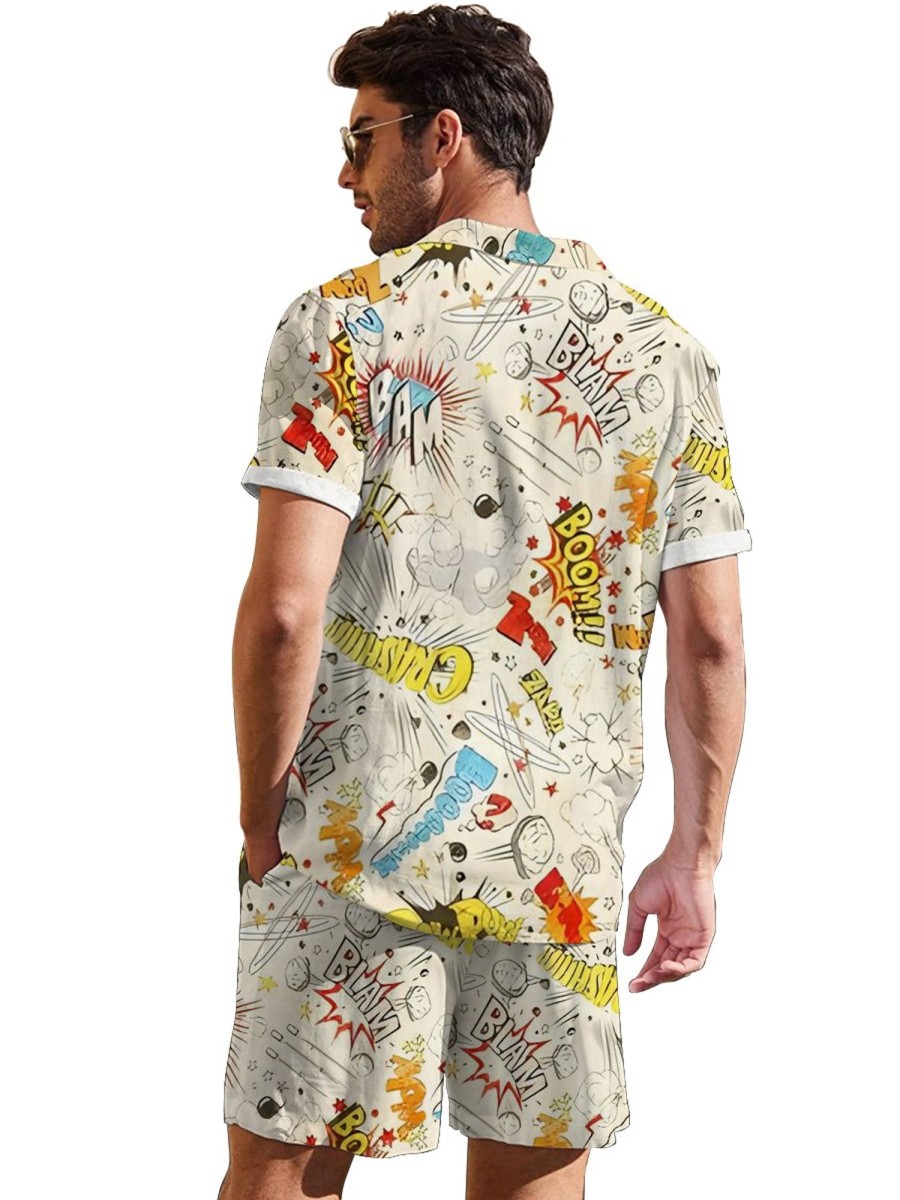 Men GYJ Set | Exploding Cloud Print Short Sleeve Shirt Shorts Two-Piece Set White