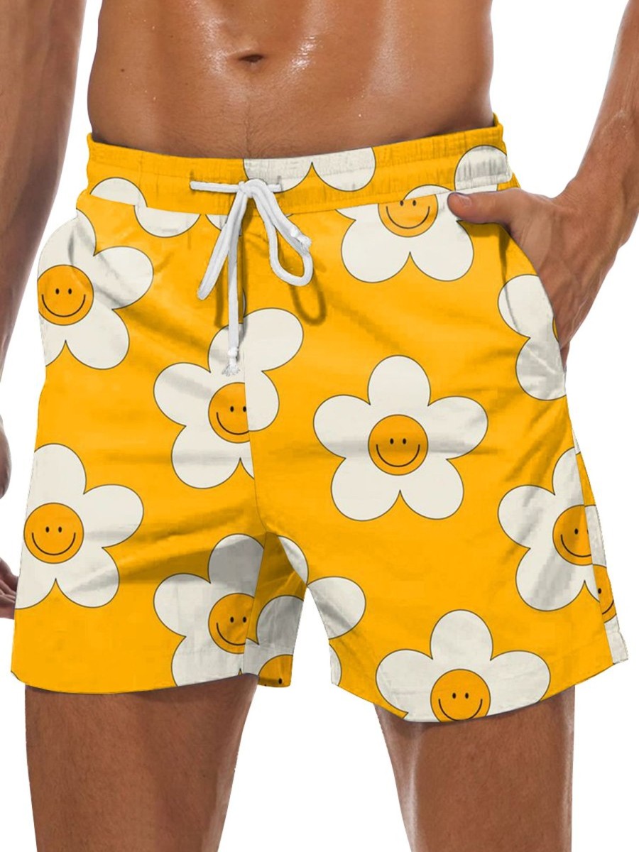 Men GYJ Bottoms | Men'S Smiley Flower Print Casual Shorts Yellow