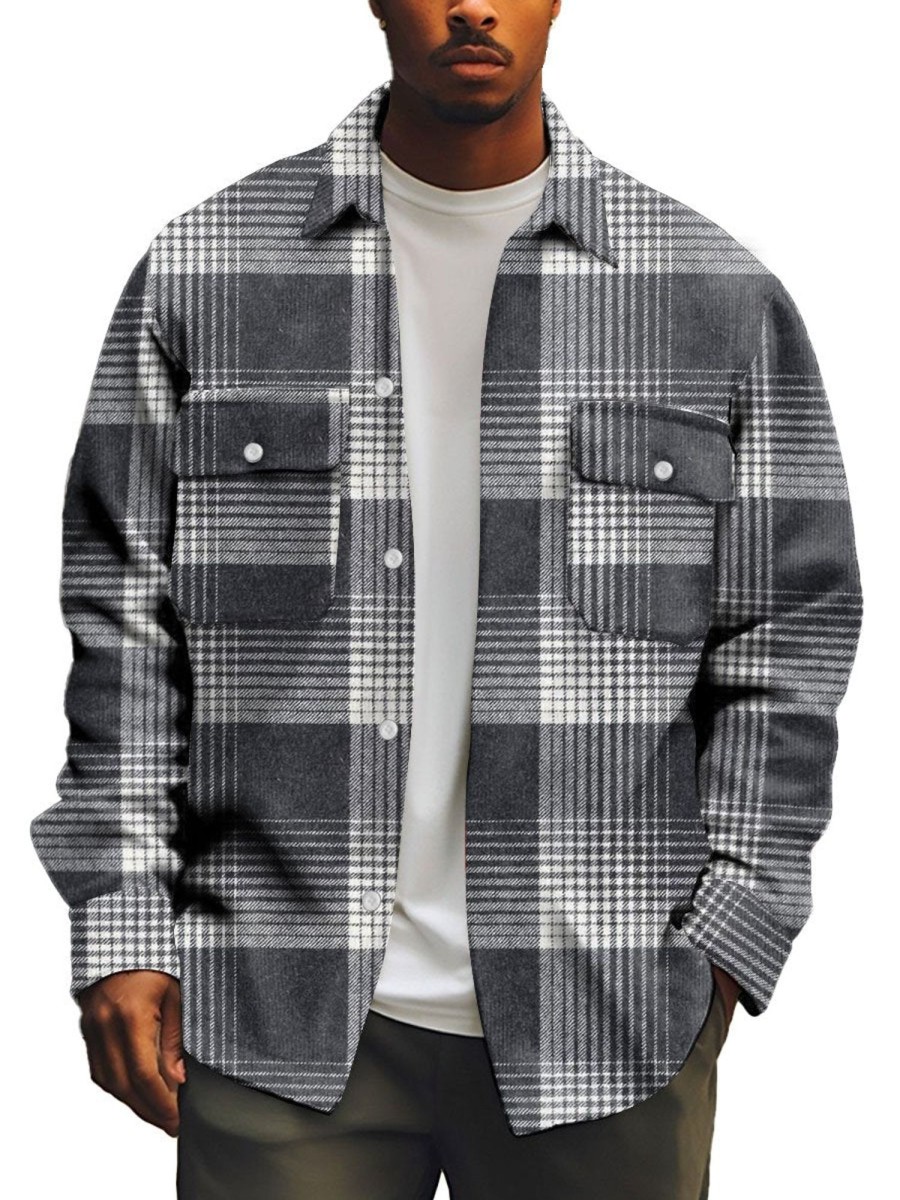 Men BXL Print Jacket | Plaid Print Double Pocket Single Breasted Lapel Casual Shirt Jacket Photo Color