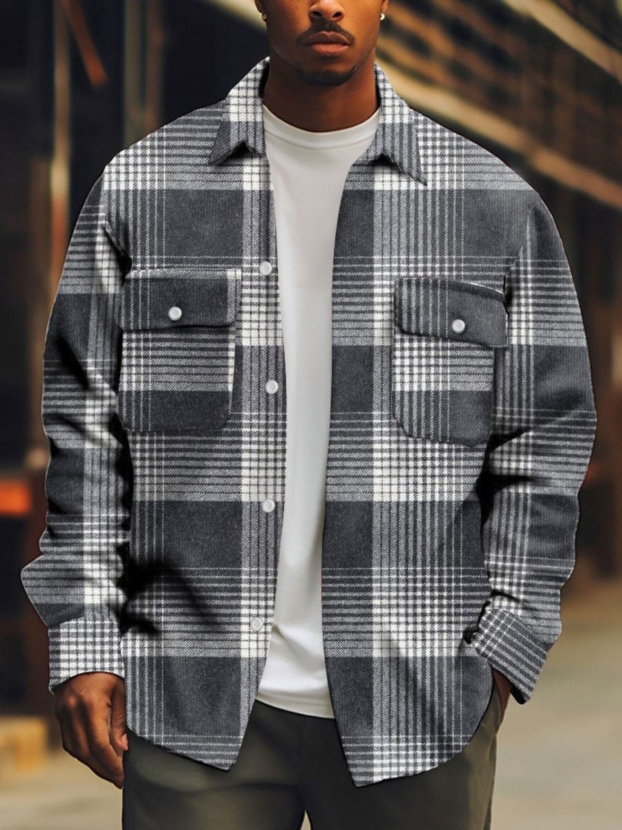 Men BXL Print Jacket | Plaid Print Double Pocket Single Breasted Lapel Casual Shirt Jacket Photo Color