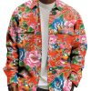 Men DJ Print Jacket | Lapel Double Pocket Peony And Mandarin Duck Print Corduroy Shirt Jacket Red