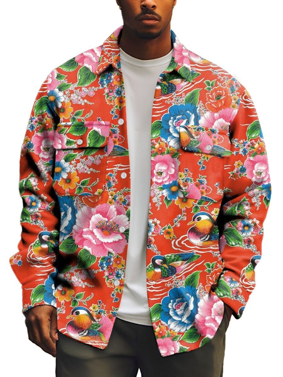 Men DJ Print Jacket | Lapel Double Pocket Peony And Mandarin Duck Print Corduroy Shirt Jacket Red