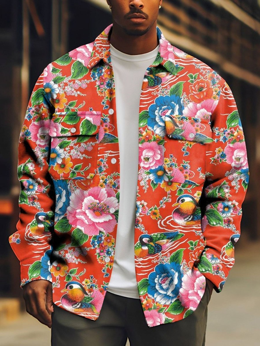 Men DJ Print Jacket | Lapel Double Pocket Peony And Mandarin Duck Print Corduroy Shirt Jacket Red