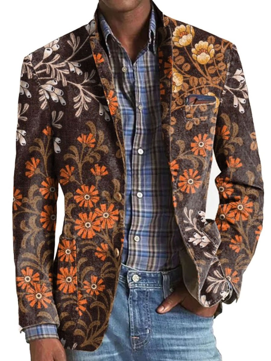 Men DJ Print Jacket | Vintage Botanical Floral Print Three-Pocket Lapel Casual Blazer Photo Color