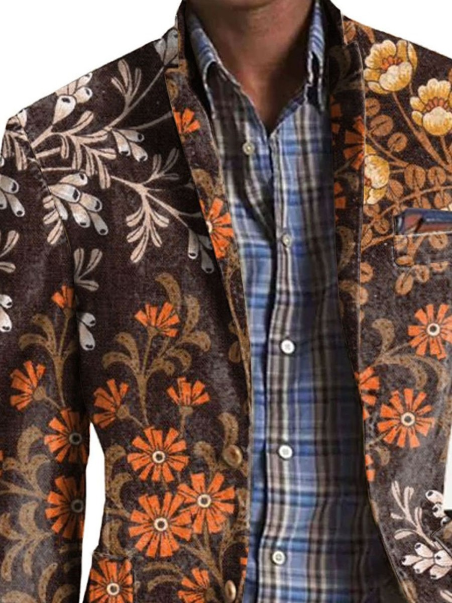 Men DJ Print Jacket | Vintage Botanical Floral Print Three-Pocket Lapel Casual Blazer Photo Color