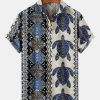 Men HLJ Shirts | Vintage Turtle Print Loose Men'S Short Sleeve Shirt Blue