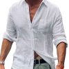 Men BXL Casual Shirts | Men'S Solid Color Cotton And Linen Pocket Casual Long Sleeve Shirt White