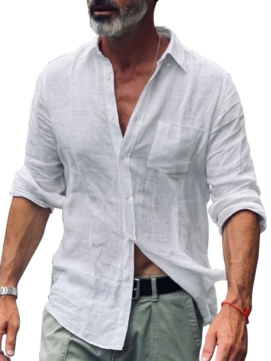 Men BXL Casual Shirts | Men'S Solid Color Cotton And Linen Pocket Casual Long Sleeve Shirt White