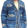 Men DJ Cardigan | Retro Ethnic Style Geometric Jacquard Pocket Lapel Knitted Cardigan Blue