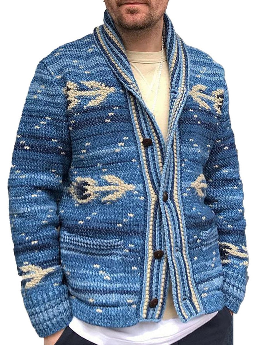 Men DJ Cardigan | Retro Ethnic Style Geometric Jacquard Pocket Lapel Knitted Cardigan Blue