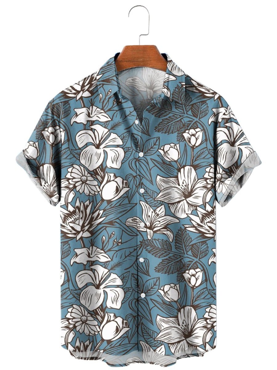 Men HLJ Shirts | Summer Floral Print Shirt 53772340X Blue