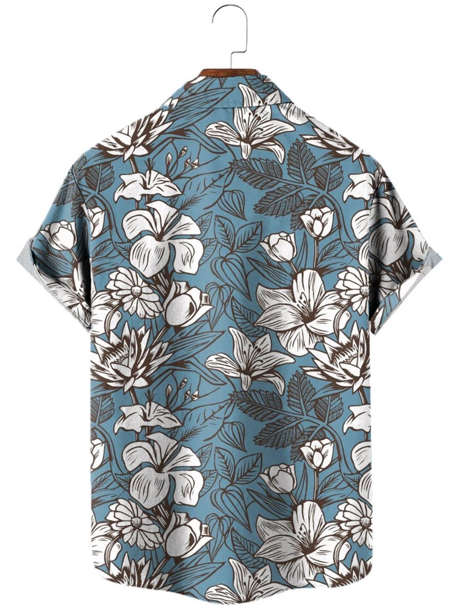 Men HLJ Shirts | Summer Floral Print Shirt 53772340X Blue