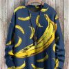 Men DJ Print Sweater | Banana Print Casual Crew Neck Knitted Pullover Sweater Navy