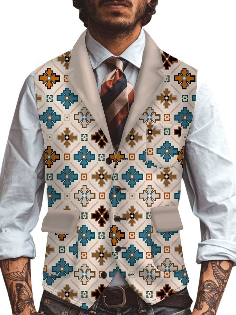 Men DJ Vest | Retro Ethnic Style Geometric Print Three-Pocket Lapel Casual Suit Vest Photo Color