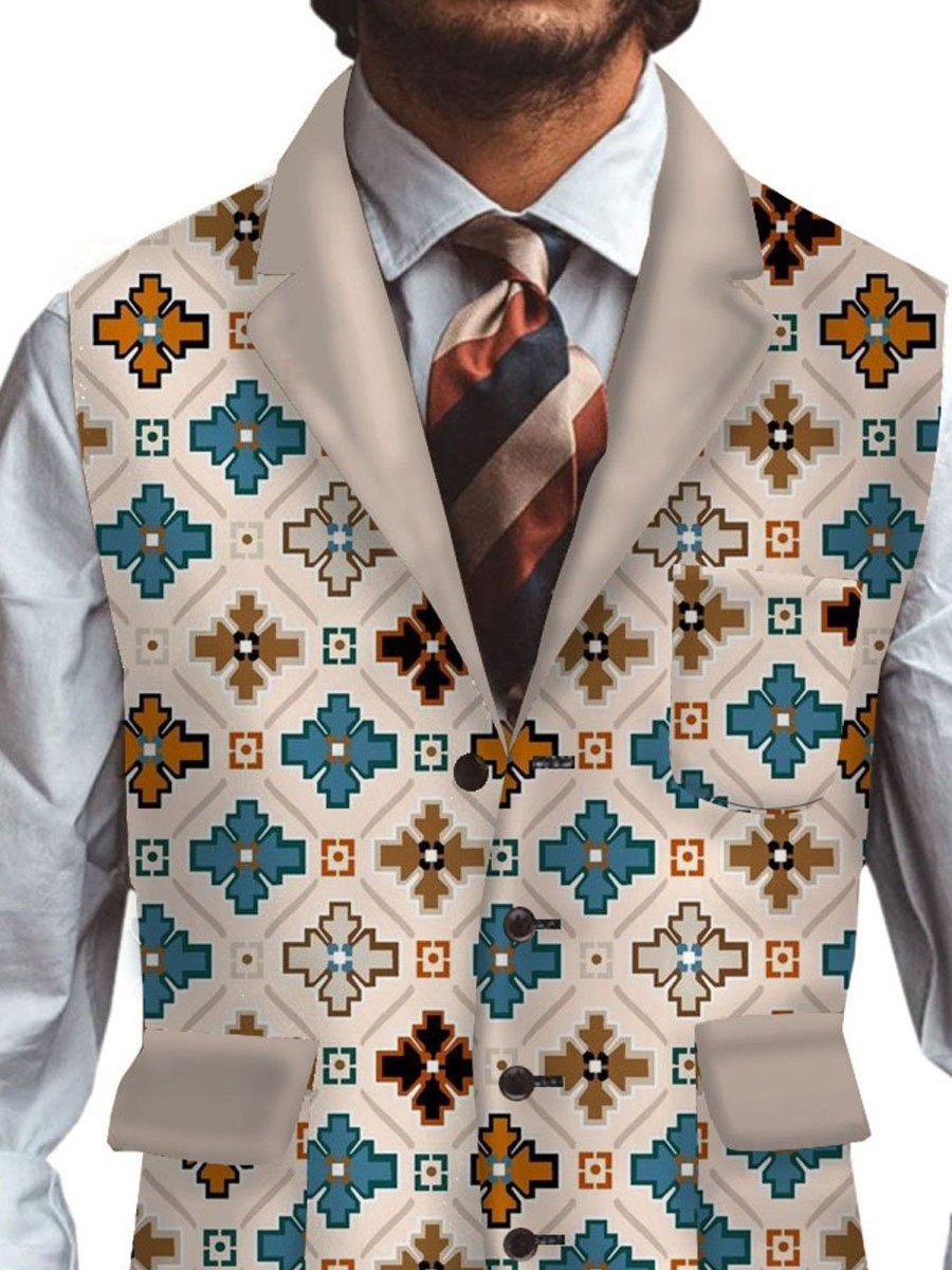 Men DJ Vest | Retro Ethnic Style Geometric Print Three-Pocket Lapel Casual Suit Vest Photo Color