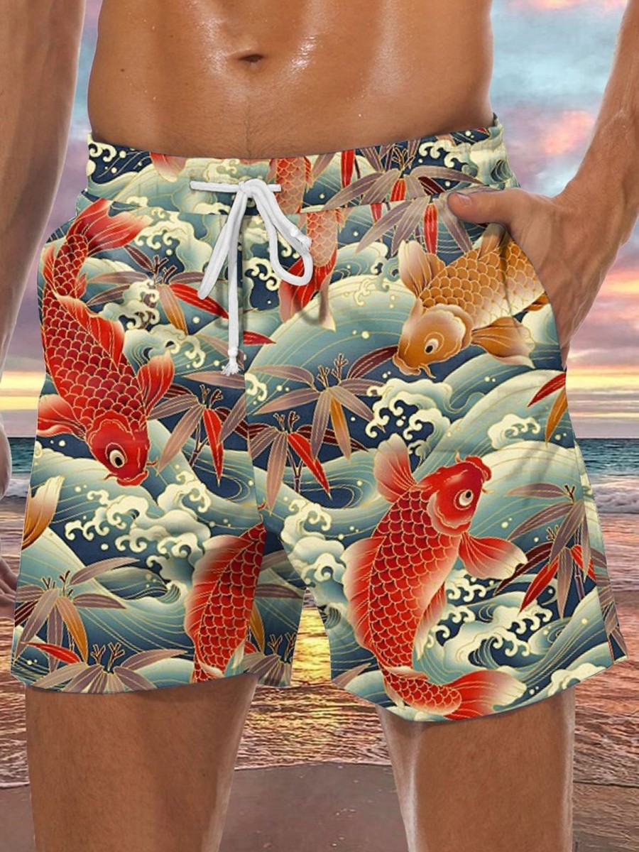 Men HLJ Shorts | Oriental Koi Print Drawstring Board Shorts Blue Red