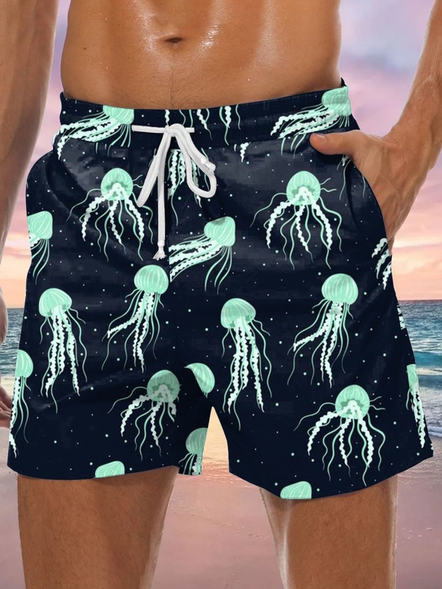 Men GYJ Shorts | Deep Sea Glow Jellyfish Print Casual Shorts Black