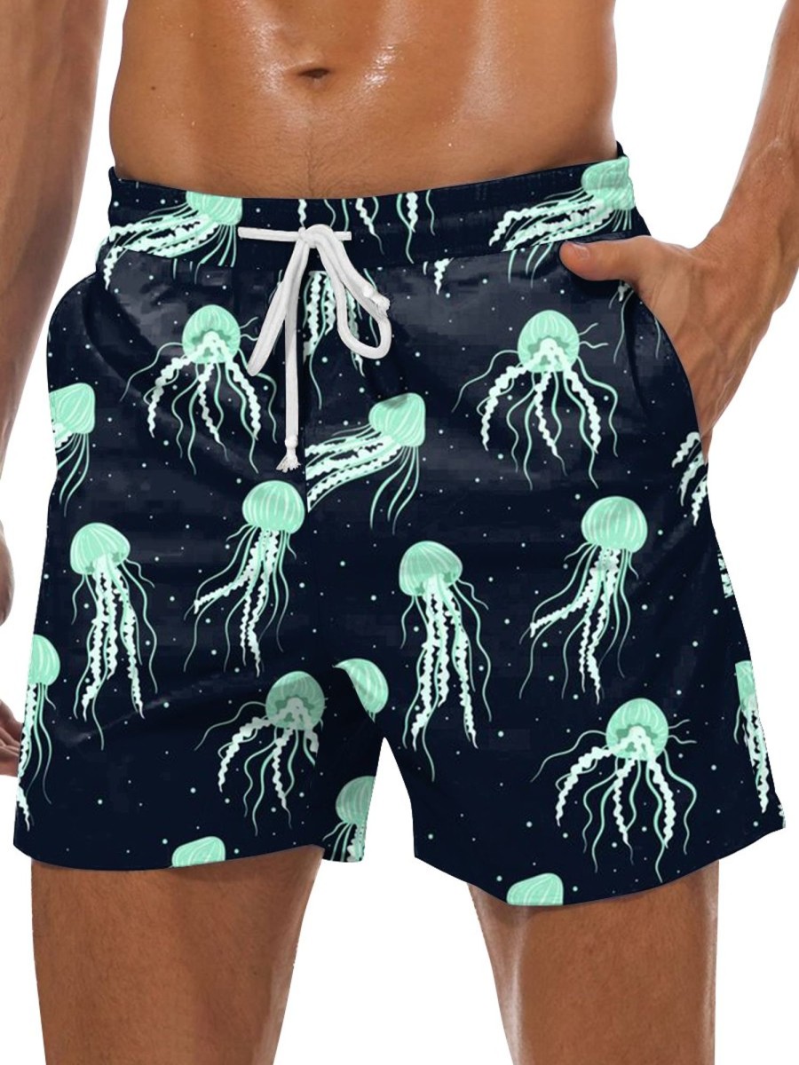 Men GYJ Shorts | Deep Sea Glow Jellyfish Print Casual Shorts Black