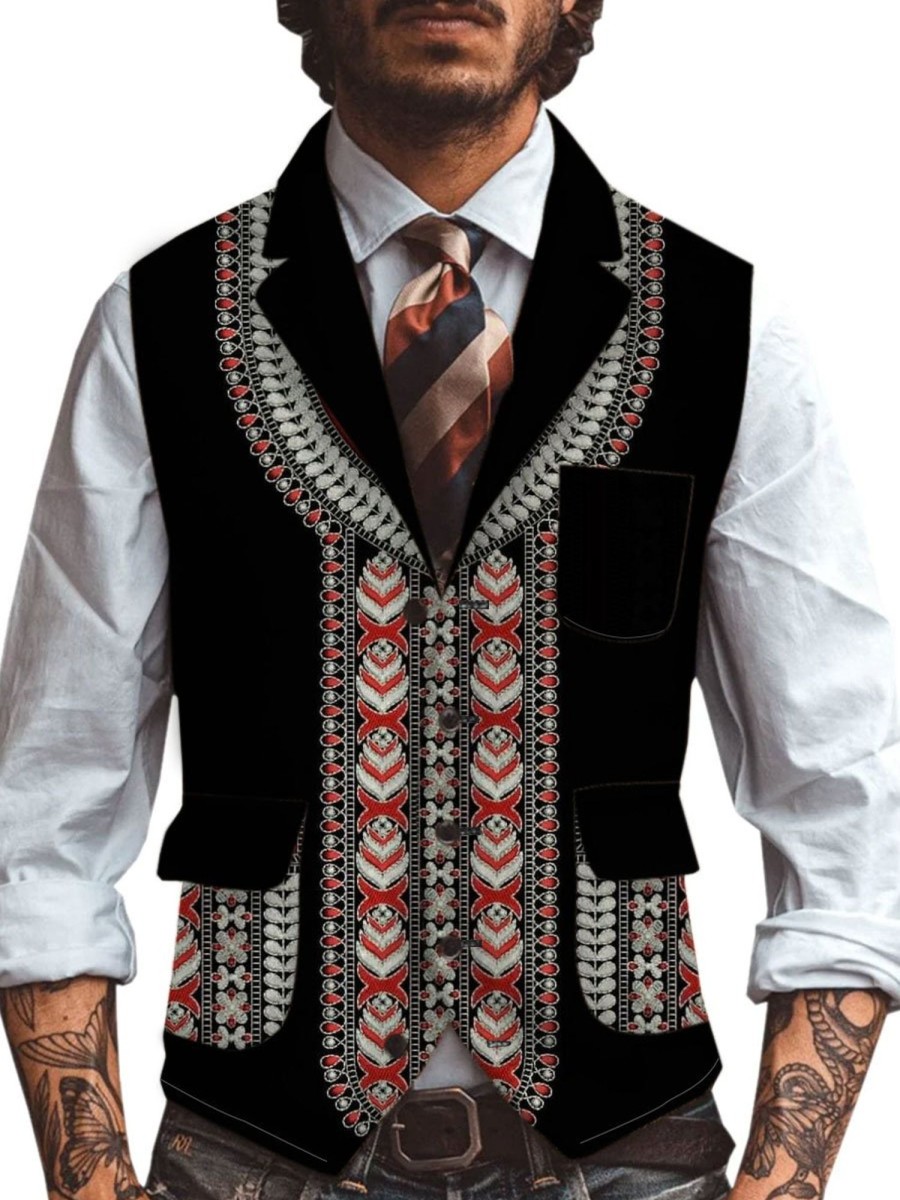 Men DJ Vest | Retro Mexican Print Three-Pocket Lapel Casual Vest Black