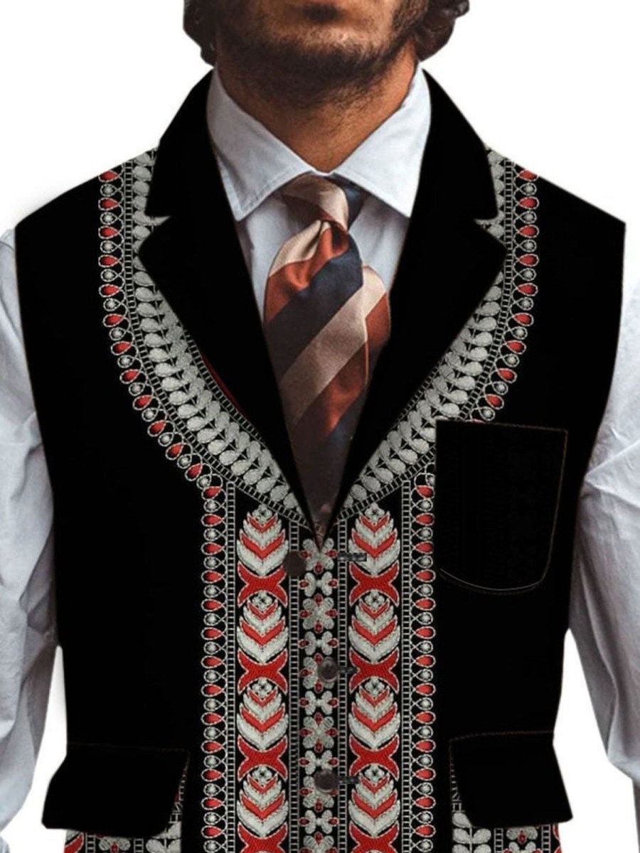 Men DJ Vest | Retro Mexican Print Three-Pocket Lapel Casual Vest Black