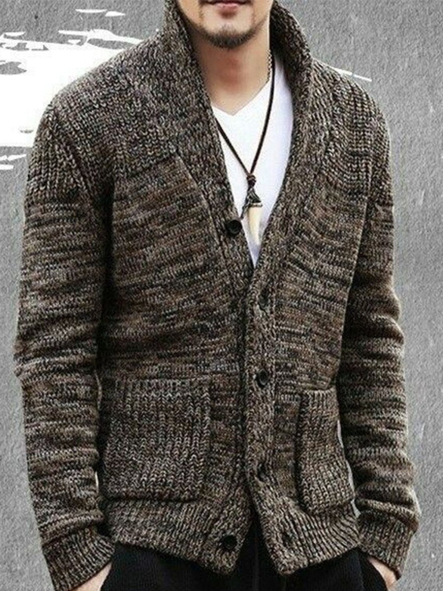 Men LJC Cardigan | Vintage Twist Jacquard Lapel Double Pocket Knitted Cardigan Photo Color