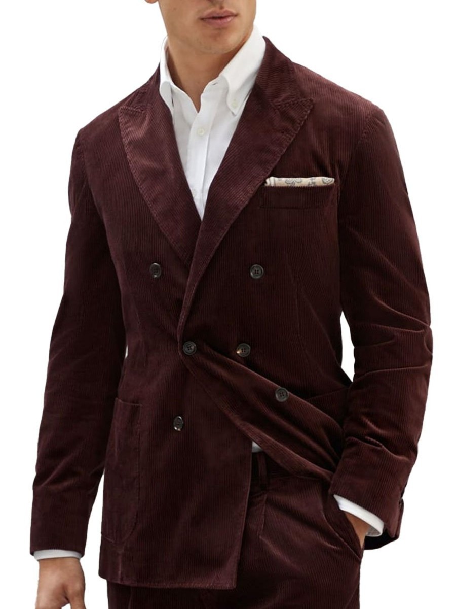 Men BXL Jacket | Men'S Vintage Solid Color Corduroy Double Breasted Casual Blazer Purple Red