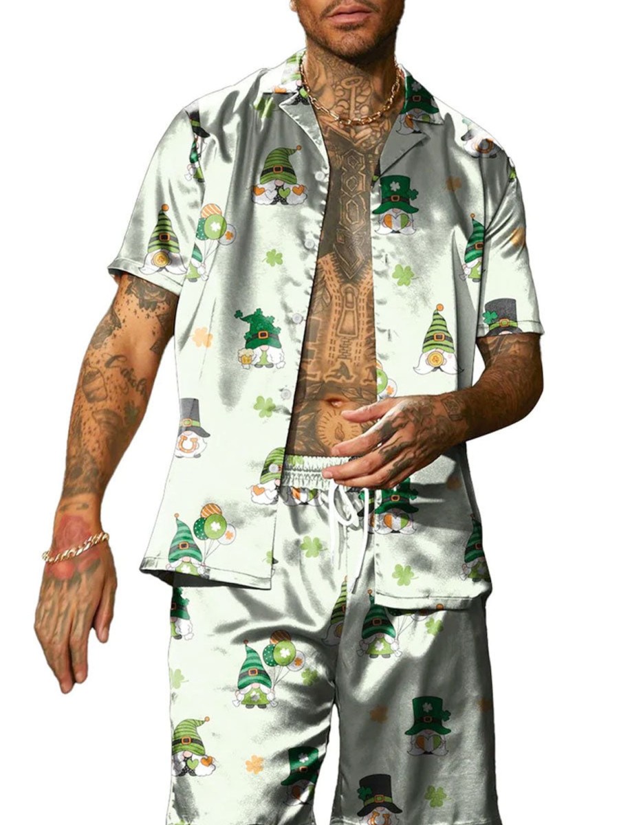 Men BXL Set | Men'S St. Patrick'S Gnome Print Casual Short Sleeve Suit Green