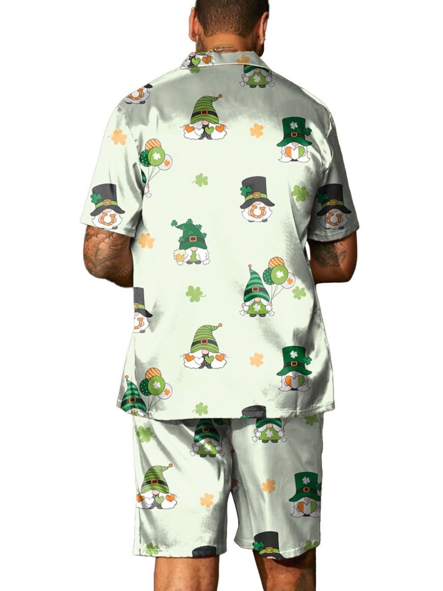 Men BXL Set | Men'S St. Patrick'S Gnome Print Casual Short Sleeve Suit Green