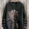 Men BXL Print Sweater | Men'S And Women'S Retro Dressed Pig Drawing Knitted Crew Neck Sweater Black