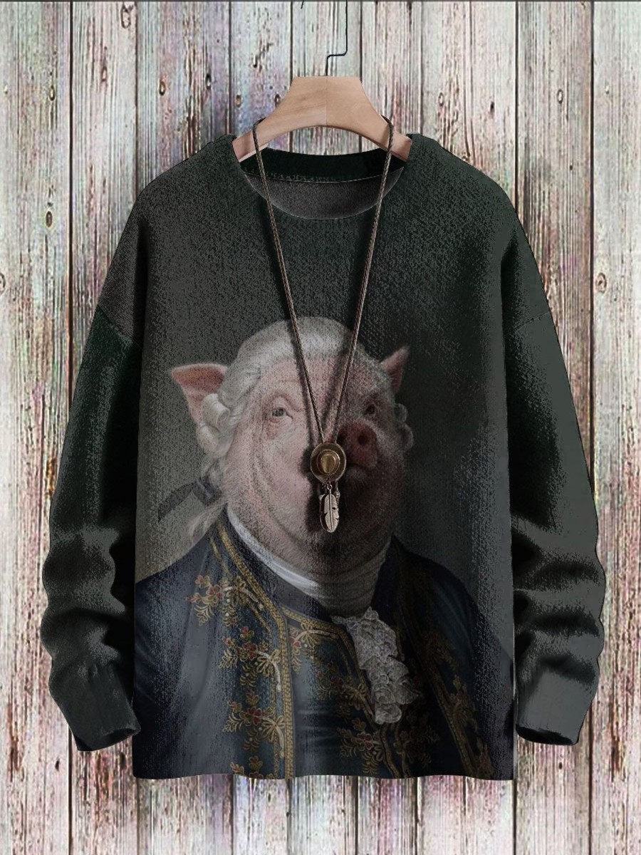 Men BXL Print Sweater | Men'S And Women'S Retro Dressed Pig Drawing Knitted Crew Neck Sweater Black