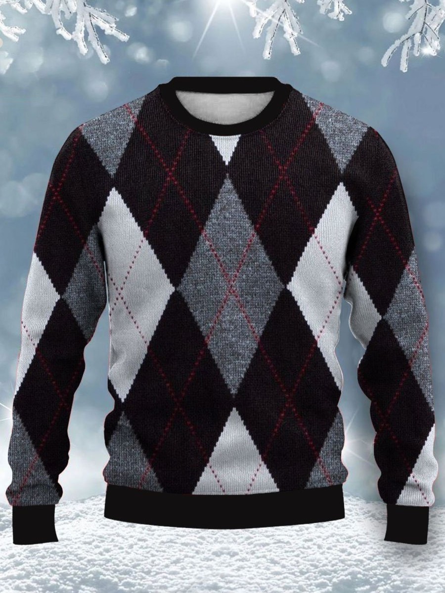 Men BXL Ugly Sweater | Men'S Crew Neck Casual Loose Diamond Plaid Print Sweatshirt 29685596Xl Black