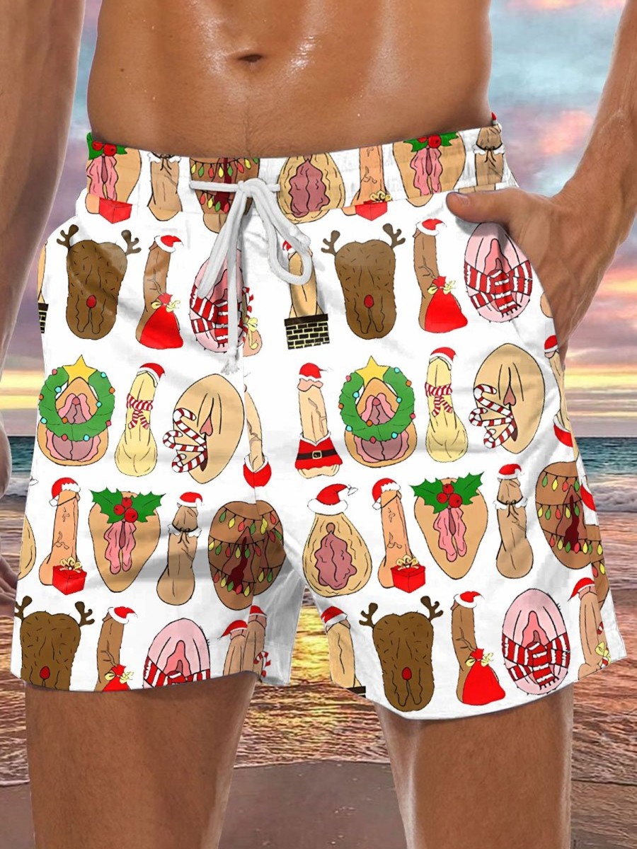 Men DJ Bottoms | Fun Christmas Cocks Print Lace-Up Pocket Casual Shorts Photo Color