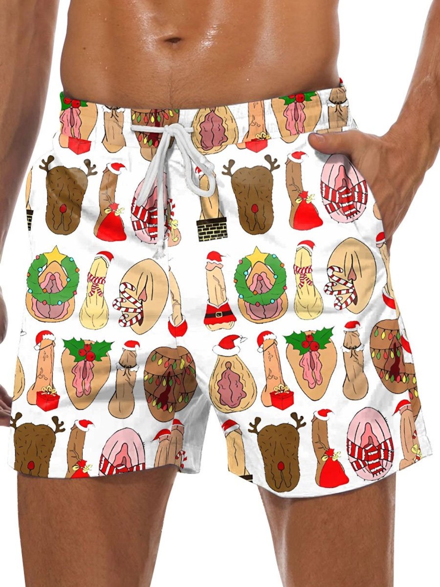 Men DJ Bottoms | Fun Christmas Cocks Print Lace-Up Pocket Casual Shorts Photo Color