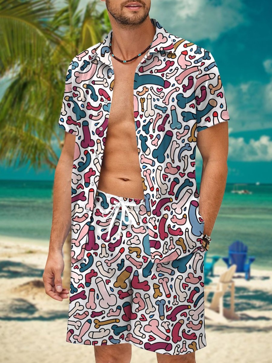 Men HWT Set | Men'S Sets Funny Colorful Cocks Print Two Piece Sets