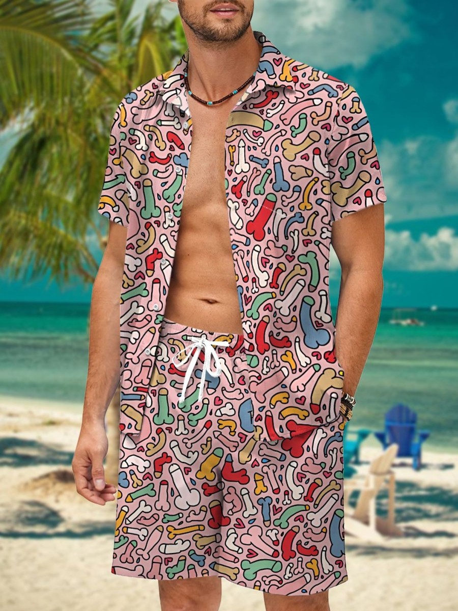 Men HWT Set | Men'S Sets Funny Colorful Cocks Print Two Piece Sets