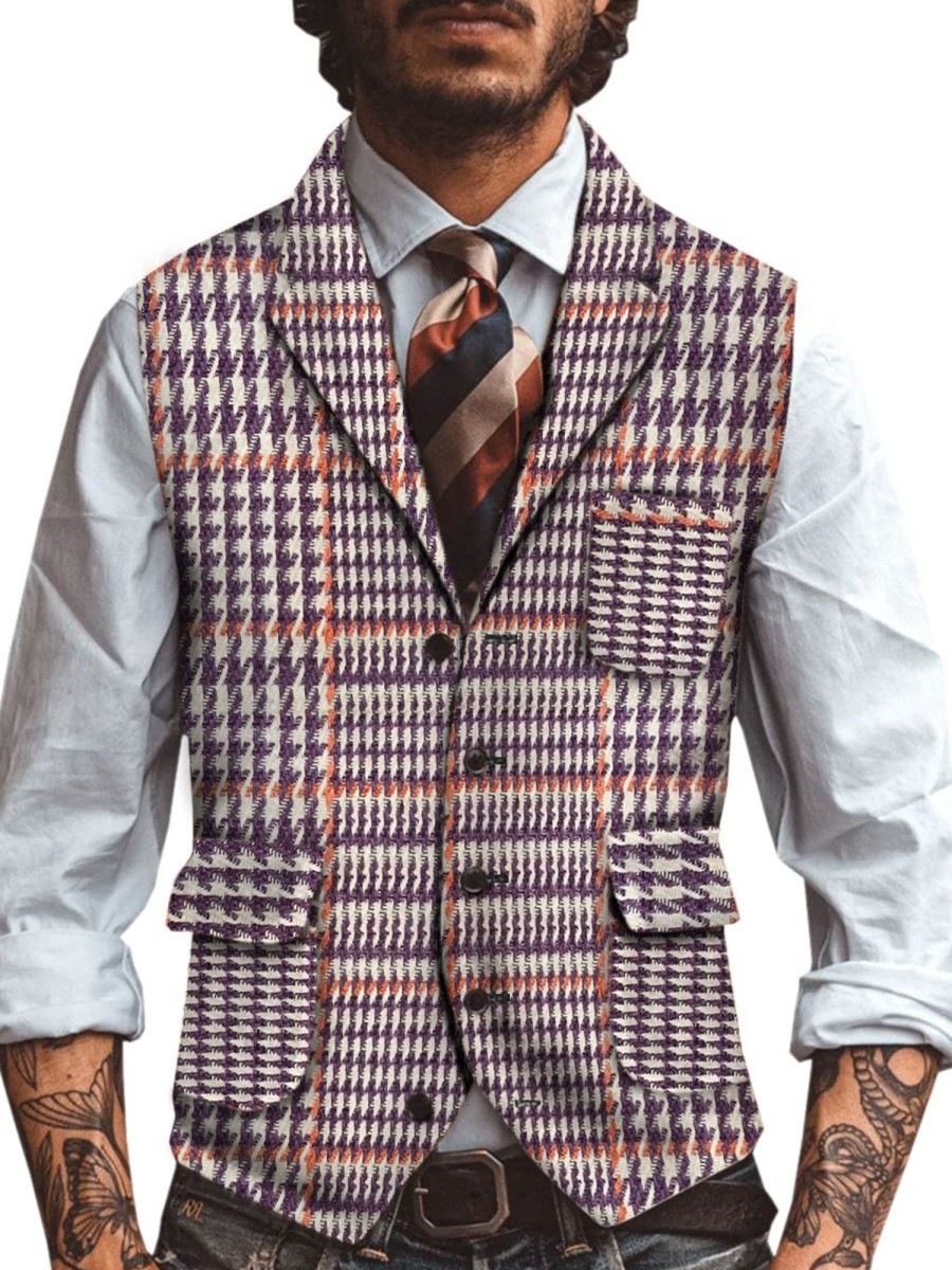 Men BXL Vest | Men'S Vintage Houndstooth Wool Print Multi-Pocket Casual Vest Purple