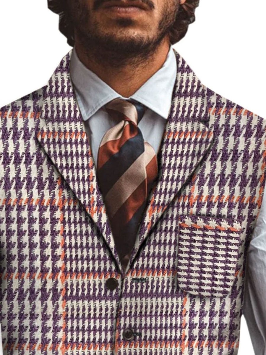 Men BXL Vest | Men'S Vintage Houndstooth Wool Print Multi-Pocket Casual Vest Purple