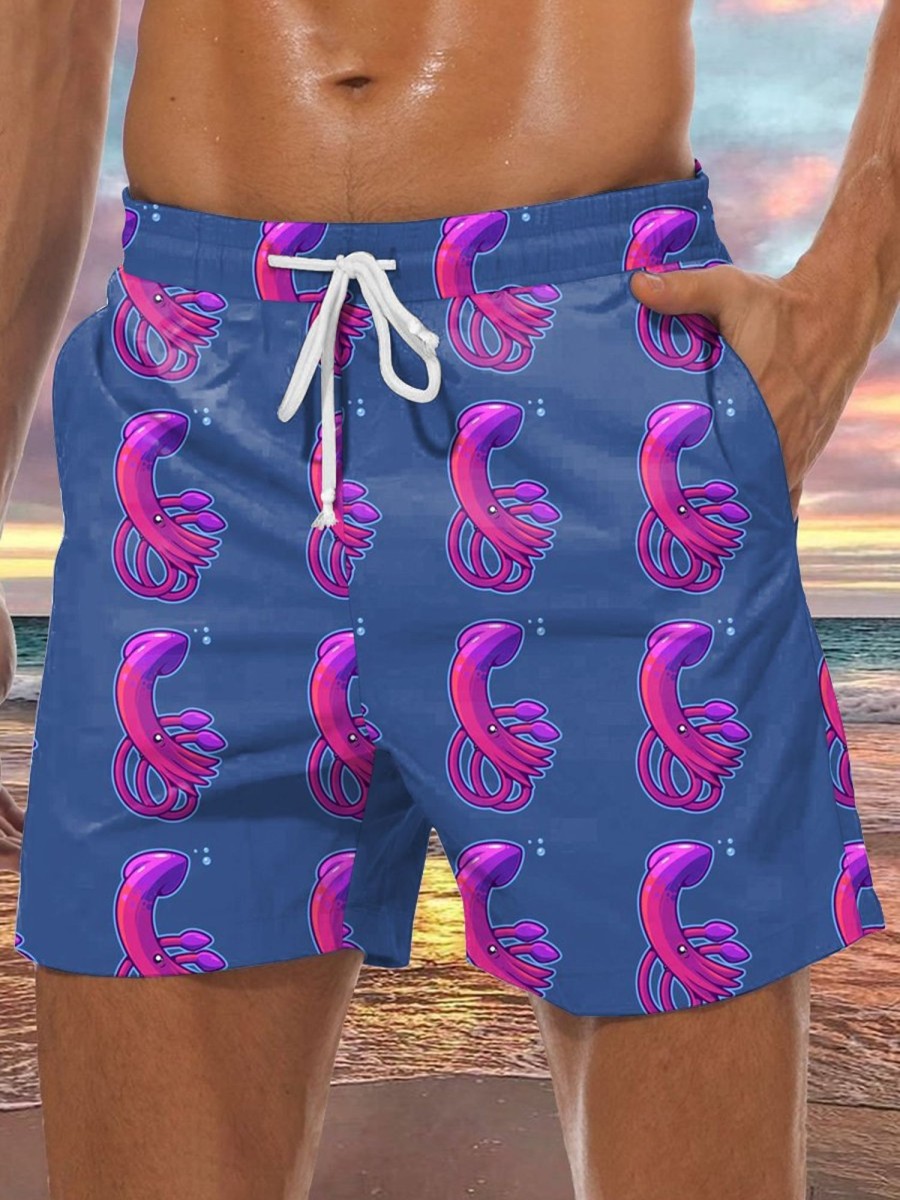 Men LJC Shorts | Squid Print Hawaiian Track Shorts Photo Color