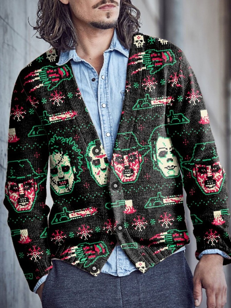 Men BXL Print Cardigan | Men'S Casual Holiday Horror Funny Face V-Neck Sweater Cardigan Photo Color