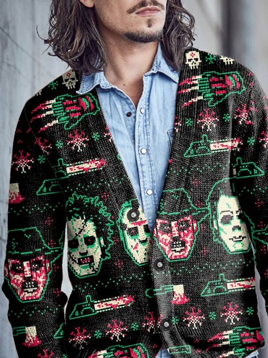 Men BXL Print Cardigan | Men'S Casual Holiday Horror Funny Face V-Neck Sweater Cardigan Photo Color